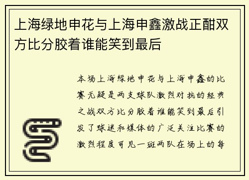 上海绿地申花与上海申鑫激战正酣双方比分胶着谁能笑到最后
